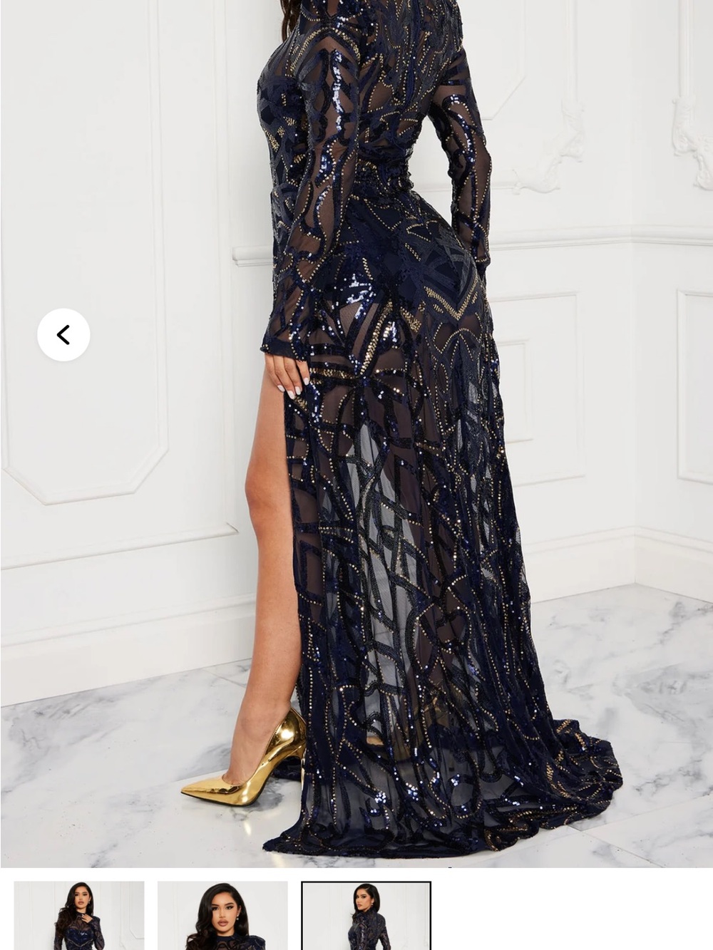 Navy Sequin Maxi Dress - Elegant Long-Sleeve Evening Gown - Picture 3 of 6